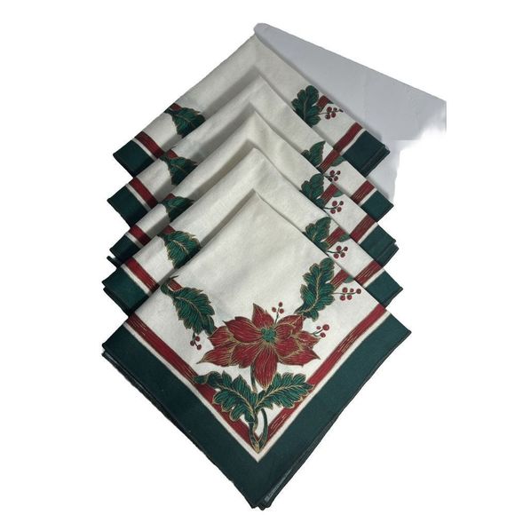 No Brand Other - Vintage ChristmasCloth Table Napkins Red and Green poinsettia Set Of 5